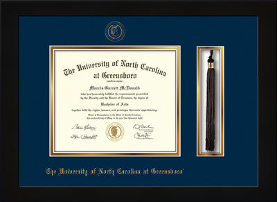 Image of University of North Carolina Greensboro Diploma Frame - Cherry Reverse - w/Embossed Seal & Name - Tassel Holder - Navy on Gold mat