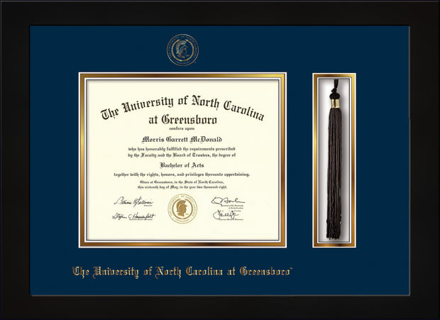 Image of University of North Carolina Greensboro Diploma Frame - Cherry Reverse - w/Embossed Seal & Name - Tassel Holder - Navy on Gold mat