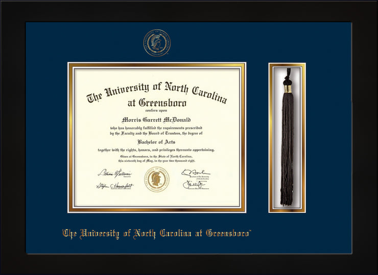 Image of University of North Carolina Greensboro Diploma Frame - Cherry Reverse - w/Embossed Seal & Name - Tassel Holder - Navy on Gold mat