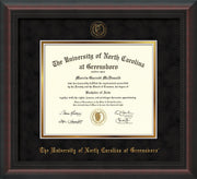 Image of University of North Carolina Greensboro Diploma Frame - Mahogany Braid - w/Embossed Seal & Name - Black Suede on Gold mat