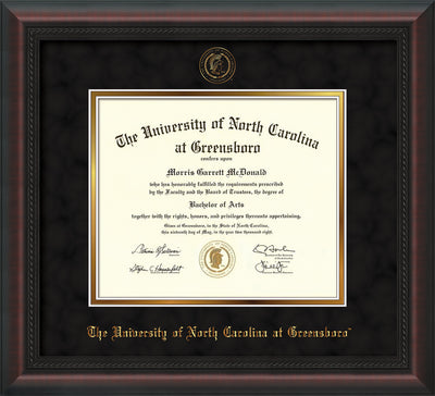 Image of University of North Carolina Greensboro Diploma Frame - Mahogany Braid - w/Embossed Seal & Name - Black Suede on Gold mat