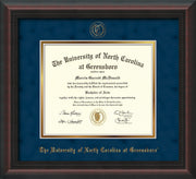 Image of University of North Carolina Greensboro Diploma Frame - Mahogany Braid - w/Embossed Seal & Name - Navy Suede on Gold mat
