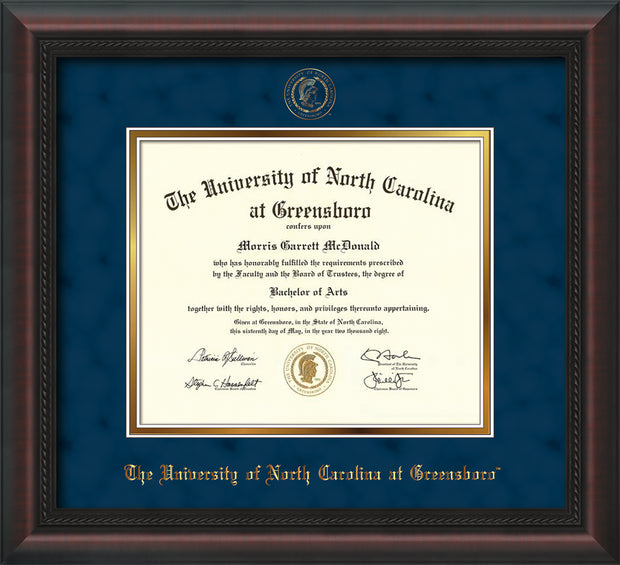 Image of University of North Carolina Greensboro Diploma Frame - Mahogany Braid - w/Embossed Seal & Name - Navy Suede on Gold mat