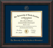 Image of University of North Carolina Greensboro Diploma Frame - Mahogany Braid - w/Embossed Seal & Name - Navy on Gold mat