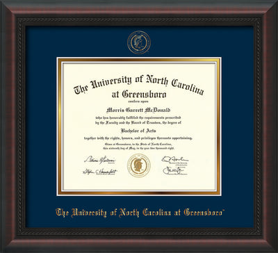 Image of University of North Carolina Greensboro Diploma Frame - Mahogany Braid - w/Embossed Seal & Name - Navy on Gold mat