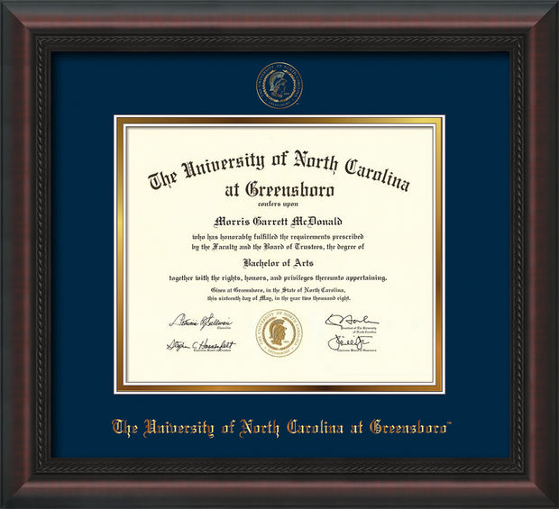 Image of University of North Carolina Greensboro Diploma Frame - Mahogany Braid - w/Embossed Seal & Name - Navy on Gold mat