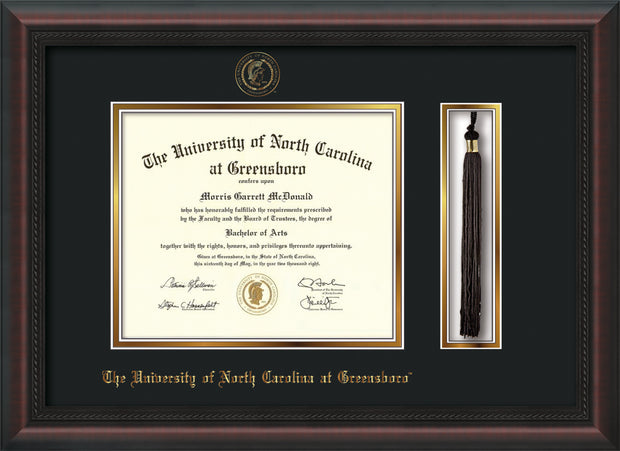 Image of University of North Carolina Greensboro Diploma Frame - Mahogany Braid - w/Embossed Seal & Name - Tassel Holder - Black on Gold mat