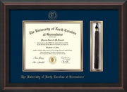 Image of University of North Carolina Greensboro Diploma Frame - Mahogany Braid - w/Embossed Seal & Name - Tassel Holder - Navy on Gold mat