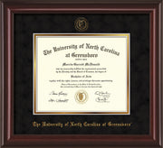Image of University of North Carolina Greensboro Diploma Frame - Mahogany Lacquer - w/Embossed Seal & Name - Black Suede on Gold mat
