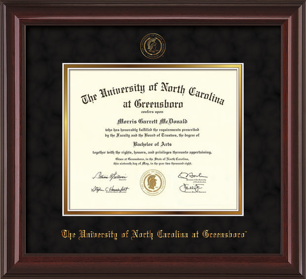 Image of University of North Carolina Greensboro Diploma Frame - Mahogany Lacquer - w/Embossed Seal & Name - Black Suede on Gold mat