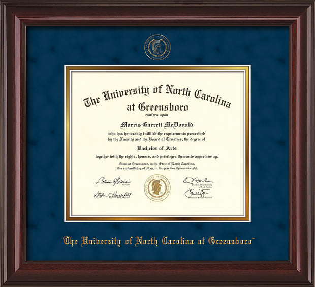 Image of University of North Carolina Greensboro Diploma Frame - Mahogany Lacquer - w/Embossed Seal & Name - Navy Suede on Gold mat