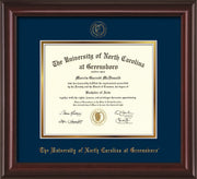 Image of University of North Carolina Greensboro Diploma Frame - Mahogany Lacquer - w/Embossed Seal & Name - Navy on Gold mat
