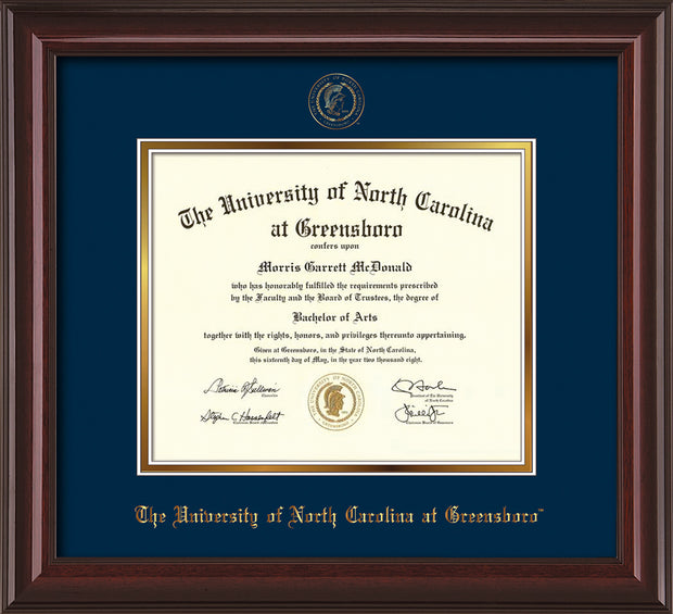 Image of University of North Carolina Greensboro Diploma Frame - Mahogany Lacquer - w/Embossed Seal & Name - Navy on Gold mat