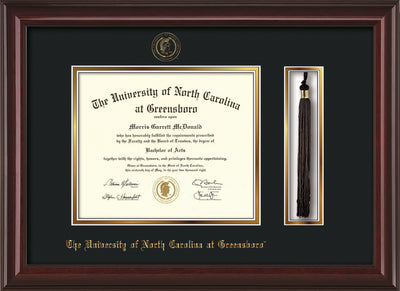 Image of University of North Carolina Greensboro Diploma Frame - Mahogany Lacquer - w/Embossed Seal & Name - Tassel Holder - Black on Gold mat