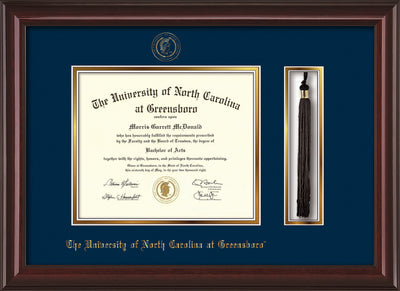Image of University of North Carolina Greensboro Diploma Frame - Mahogany Lacquer - w/Embossed Seal & Name - Tassel Holder - Navy on Gold mat