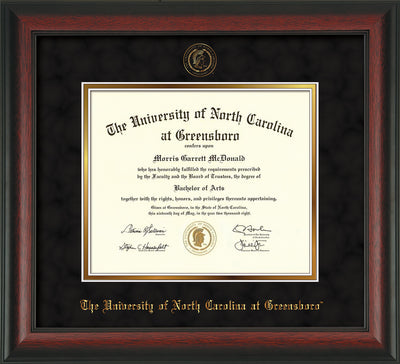 Image of University of North Carolina Greensboro Diploma Frame - Rosewood - w/Embossed Seal & Name - Black Suede on Gold mat
