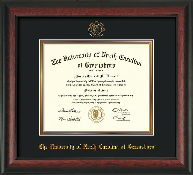 Image of University of North Carolina Greensboro Diploma Frame - Rosewood - w/Embossed Seal & Name - Black on Gold mat