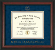 Image of University of North Carolina Greensboro Diploma Frame - Rosewood - w/Embossed Seal & Name - Navy Suede on Gold mat
