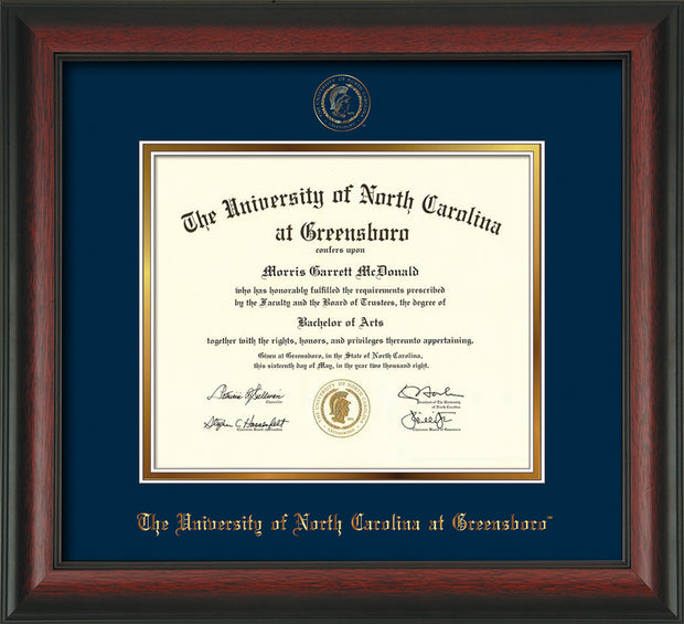 Image of University of North Carolina Greensboro Diploma Frame - Rosewood - w/Embossed Seal & Name - Navy on Gold mat