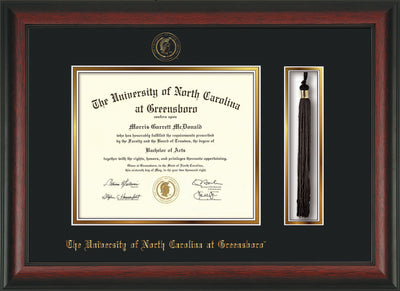 Image of University of North Carolina Greensboro Diploma Frame - Rosewood - w/Embossed Seal & Name - Tassel Holder - Black on Gold mat