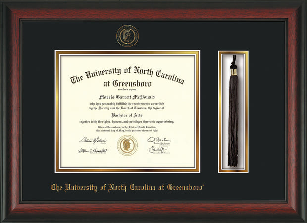 Image of University of North Carolina Greensboro Diploma Frame - Rosewood - w/Embossed Seal & Name - Tassel Holder - Black on Gold mat