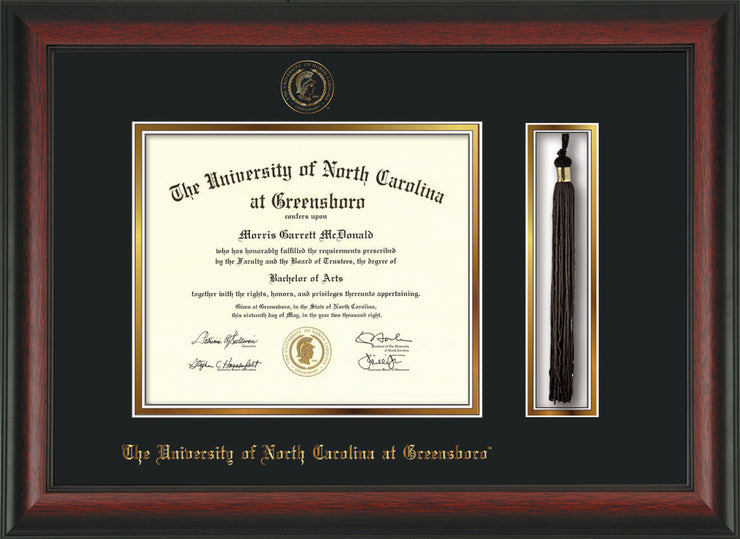 Image of University of North Carolina Greensboro Diploma Frame - Rosewood - w/Embossed Seal & Name - Tassel Holder - Black on Gold mat