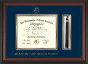 Image of University of North Carolina Greensboro Diploma Frame - Rosewood - w/Embossed Seal & Name - Tassel Holder - Navy on Gold mat
