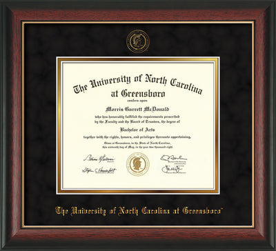 Image of University of North Carolina Greensboro Diploma Frame - Rosewood w/Gold Lip - w/Embossed Seal & Name - Black Suede on Gold mat