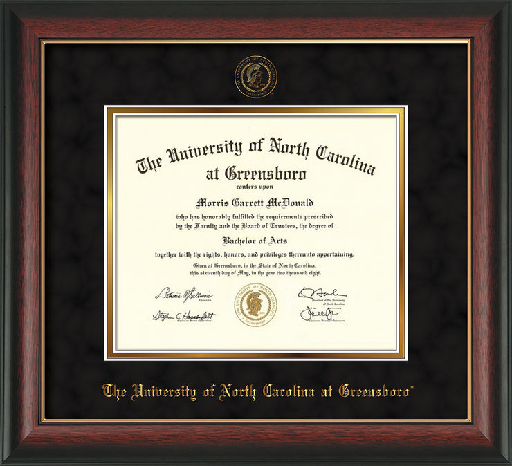 Image of University of North Carolina Greensboro Diploma Frame - Rosewood w/Gold Lip - w/Embossed Seal & Name - Black Suede on Gold mat