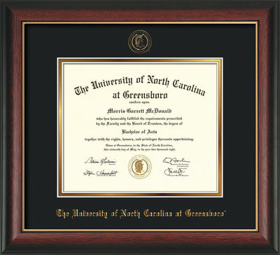 Image of University of North Carolina Greensboro Diploma Frame - Rosewood w/Gold Lip - w/Embossed Seal & Name - Black on Gold mat