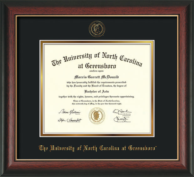 Image of University of North Carolina Greensboro Diploma Frame - Rosewood w/Gold Lip - w/Embossed Seal & Name - Black on Gold mat