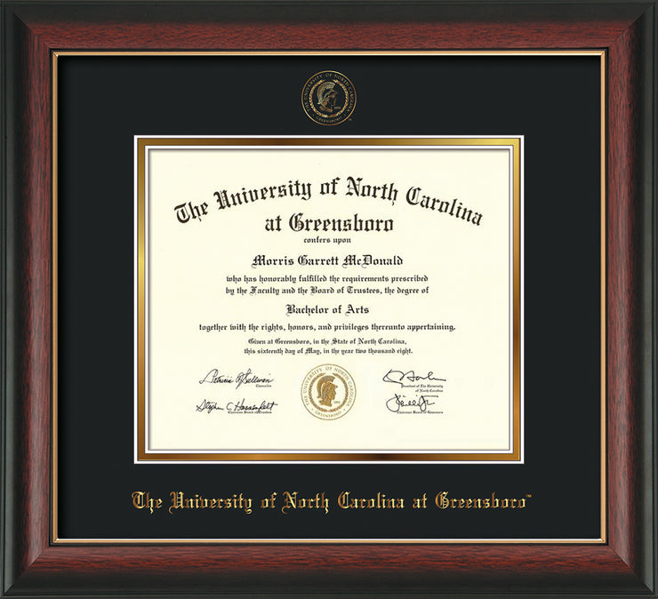 Image of University of North Carolina Greensboro Diploma Frame - Rosewood w/Gold Lip - w/Embossed Seal & Name - Black on Gold mat