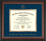Image of University of North Carolina Greensboro Diploma Frame - Rosewood w/Gold Lip - w/Embossed Seal & Name - Navy Suede on Gold mat