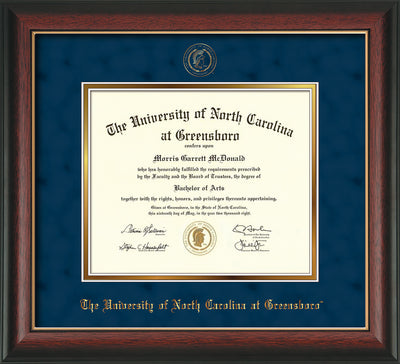 Image of University of North Carolina Greensboro Diploma Frame - Rosewood w/Gold Lip - w/Embossed Seal & Name - Navy Suede on Gold mat