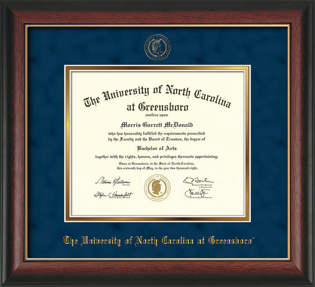 Image of University of North Carolina Greensboro Diploma Frame - Rosewood w/Gold Lip - w/Embossed Seal & Name - Navy Suede on Gold mat