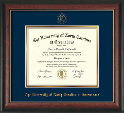 Image of University of North Carolina Greensboro Diploma Frame - Rosewood w/Gold Lip - w/Embossed Seal & Name - Navy on Gold mat