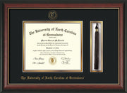 Image of University of North Carolina Greensboro Diploma Frame - Rosewood w/Gold Lip - w/Embossed Seal & Name - Tassel Holder - Black on Gold mat