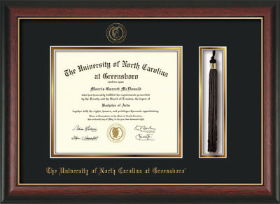 Image of University of North Carolina Greensboro Diploma Frame - Rosewood w/Gold Lip - w/Embossed Seal & Name - Tassel Holder - Black on Gold mat