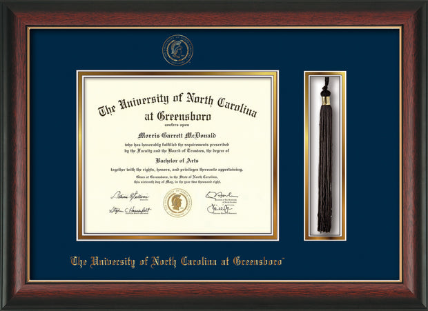Image of University of North Carolina Greensboro Diploma Frame - Rosewood w/Gold Lip - w/Embossed Seal & Name - Tassel Holder - Navy on Gold mat