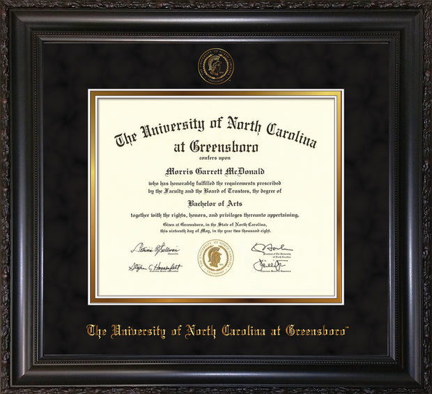 Image of University of North Carolina Greensboro Diploma Frame - Vintage Black Scoop - w/Embossed Seal & Name - Black Suede on Gold mat