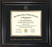 Image of University of North Carolina Greensboro Diploma Frame - Vintage Black Scoop - w/Embossed Seal & Name - Black on Gold mat