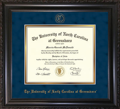 Image of University of North Carolina Greensboro Diploma Frame - Vintage Black Scoop - w/Embossed Seal & Name - Navy Suede on Gold mat