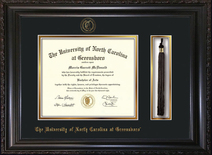 Image of University of North Carolina Greensboro Diploma Frame - Vintage Black Scoop - w/Embossed Seal & Name - Tassel Holder - Black on Gold mat