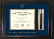 Image of University of North Carolina Greensboro Diploma Frame - Vintage Black Scoop - w/Embossed Seal & Name - Tassel Holder - Navy on Gold mat