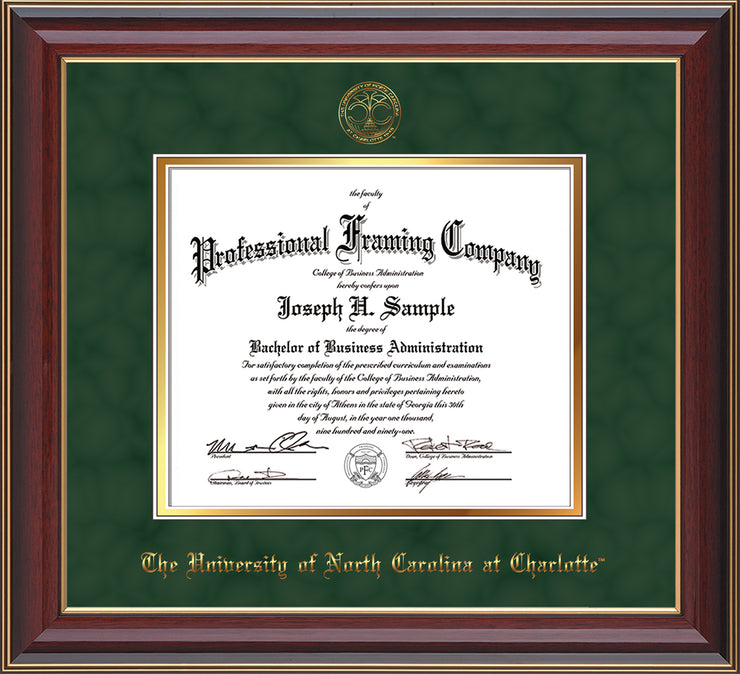 Image of University of North Carolina Charlotte Diploma Frame - Cherry Lacquer - w/Official Embossing of UNCC Seal & Name - Green Suede on Gold mats