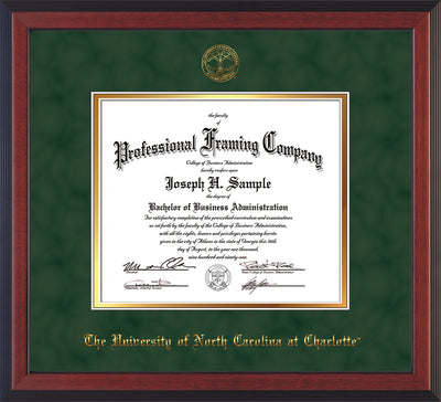 Image of University of North Carolina Charlotte Diploma Frame - Cherry Reverse - w/Official Embossing of UNCC Seal & Name - Green Suede on Gold mats