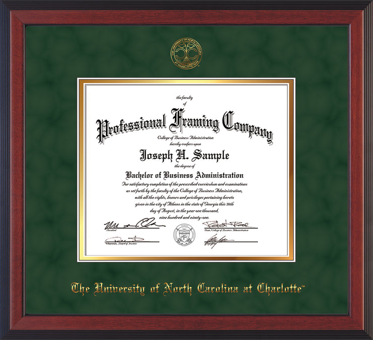 Image of University of North Carolina Charlotte Diploma Frame - Cherry Reverse - w/Official Embossing of UNCC Seal & Name - Green Suede on Gold mats