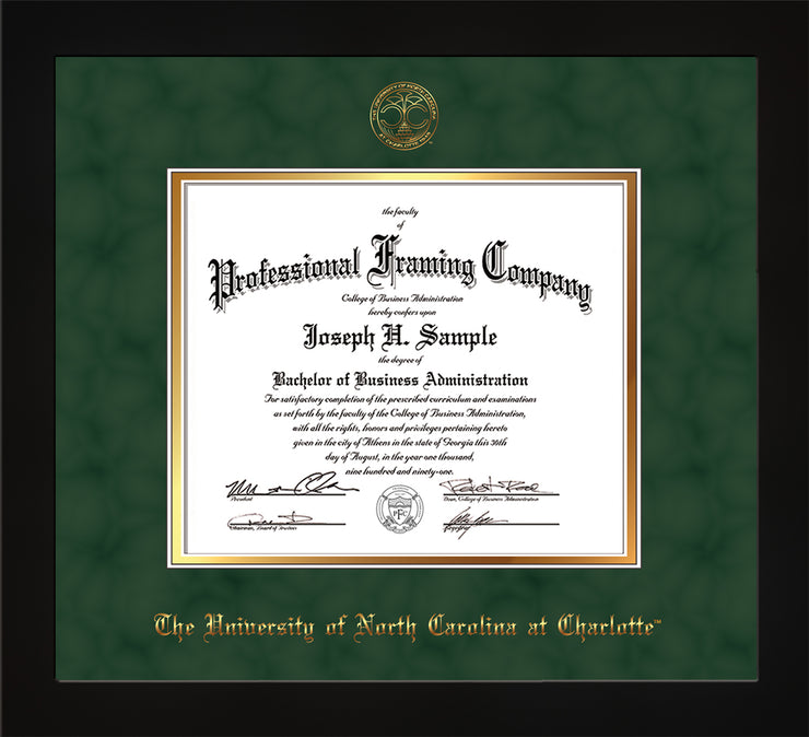 Image of University of North Carolina Charlotte Diploma Frame - Flat Matte Black - w/Official Embossing of UNCC Seal & Name - Green Suede on Gold mats