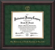 Image of University of North Carolina Charlotte Diploma Frame - Mahogany Braid - w/Official Embossing of UNCC Seal & Name - Green Suede on Gold mats