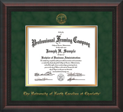 Image of University of North Carolina Charlotte Diploma Frame - Mahogany Braid - w/Official Embossing of UNCC Seal & Name - Green Suede on Gold mats